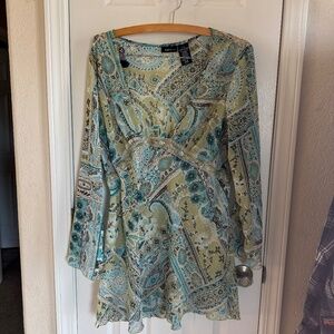 Flowy green / blue tunic top w/ gold shimmer thread Sz 1x